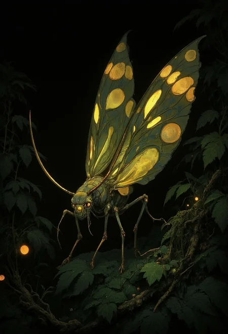 Skeletal moth, translucent leaf wings, soft night flight, plants glowing faintly, orb-like eyes, bioluminescent fungi and vines, glowing forest floor, living green and gold tapestry.