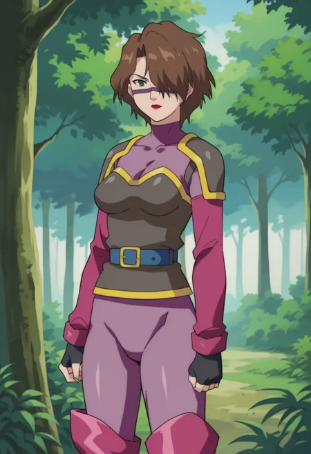 score_9,score_8_up,score_7_up,score_6_up,score_5_up,score_4_up,anime coloring BREAK source_anime,anime,<lora:Viola_Zoids_Pony:0.7>,zviora,1girl,solo,green eyes,brown hair,short hair,hair over one eye,facial mark,lipstick,purple bodysuit,pink sleeves,armor,shoulder pads,blue belt,fingerless gloves,thigh boots,standing,outdoors,forest,looking_at_viewer,