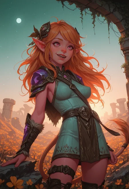 masterwork, masterpiece, best quality, realistic, ambient occlusion, ray tracing, depth of field, (((dynamic angle))), ((cowboy shot)) BREAK 1girl, <lora:DnD_Troll:0.5> troll, huge, long arms, <lora:Firbolg:0.6> firbolg, furry, big nose, large pointed ears, (sharp teeth), (tusks), lion tail, amber hair, soft bangs hair with hair ornament, pink eyes, (deep orange skin), muscular body, perky breasts, perfect hands, colored lips, (happy), BREAK fighter, wearing sleeveless vintage print fur-trimmed pale teal leather pelt, classical cropped fur-trimmed (detailed <lora:SoulGemmed:0.7> rp_slgd purple crystal armor tabard), Chelsea collar, pauldrons, flowing sleeves, pastel grey_blue accents, waistcoat, armored miniskirt, tasset, black ribbed over-kneehighs, thigh straps, gladiator sandals, BREAK fantasy, outside, <lora:PAseer-SDXL-FarOfTheSun:0.5> (vibrant sky), detailed landscape, tranquil ruins, rocky desert, mushrooms,trees,flowers, standing, waist-up portrait, leaning back, sway back, autumn, dusk, warm light, soft light, long shadows, moon, stars, <lora:reij-va:0.5> reoj-va, red vibrant grading, <lora:reij-ca:0.6> reij-ca, yellow neon grading, orange accent, broad lighting BREAK <lora:vivid_everclear:0.6> <lora:Echodove-ILLU:0.6> <lora:sh0uj0XLP:0.6> sh0uj0, <lora:4rc4n3XLP:0.6> 4rc4n3