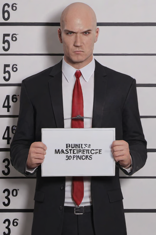 Masterpiece,High Quality,
 <lora:PE_MugShot:0.8> PEMugShot,holding a sign,
 <lora:PE_Hitman47:1> PEHitman,
suit
