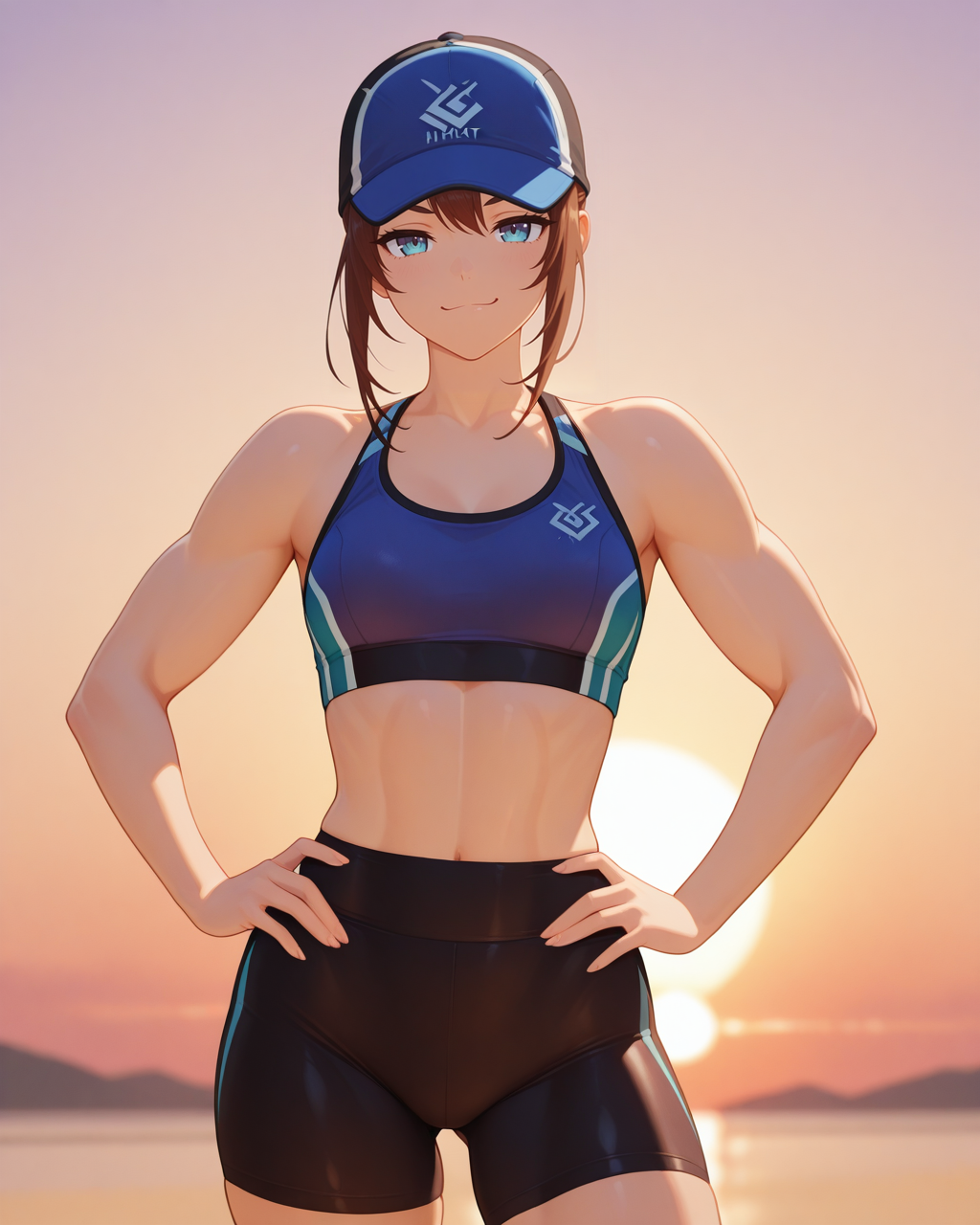 masterpiece,best quality,higres illustration,detailed face,1girl,cowboy shot,<lora:athleticgirls_IL:1>,athletic girl,sports bra,bike shorts,sunset,smug,hands on hips,cap,