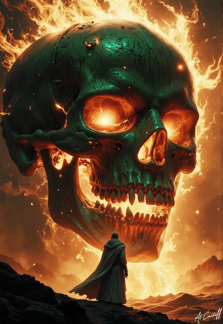 Bathed in the ghostly amber glow of an unseen horizon, a lone figure in a billowing white cloak stands before the colossal skull of a forgotten deityâits hollow sockets pulsating with eerie emerald light, casting jagged shadows across the dunes. The silver-haired stranger bows in silent reverence, their clasped hands trembling slightly as golden runes slither across the ancient bone like living scripture. A thick, spectral mist coils around their boots, rising as if exhaled by the skull itself, while a faint golden radiance spills from its jagged mawâperhaps an answer, a warning, or the last breath of a dead god. The air hums with the weight of unanswered prayers, fg<lora:CustomFlux/MysticFantasy.safetensors:0.25000000000000006:0.25000000000000006> <lora:CustomFlux/MysticRealism.safetensors:0.7500000000000001:0.7500000000000001> <lora:Flux/Stylized-Super-Texture.safetensors:0.5000000000000001:0.5000000000000001> <lora:Flux/Epic-Characters_v1.safetensors:0.25000000000000006:0.25000000000000006>