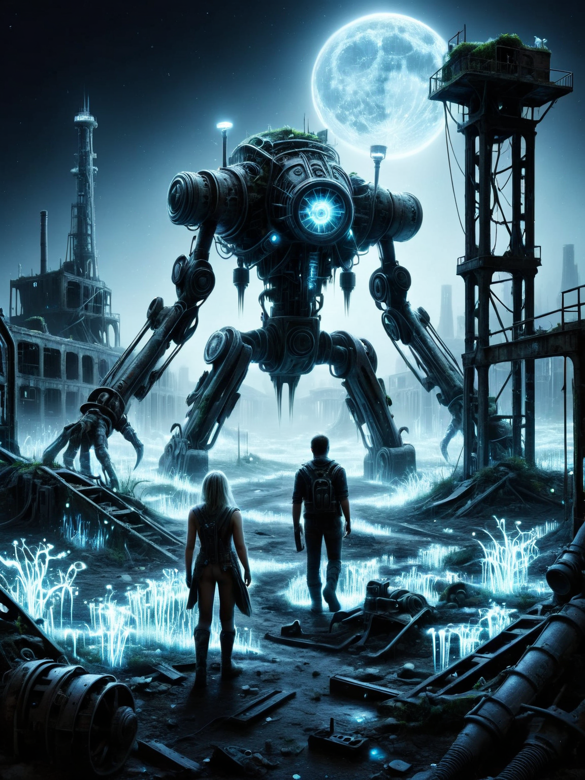 A dystopian wasteland scene with an ais-blmn mutant creature stalking abandoned machinery. <lora:ais-blmn-sdxl:1>
