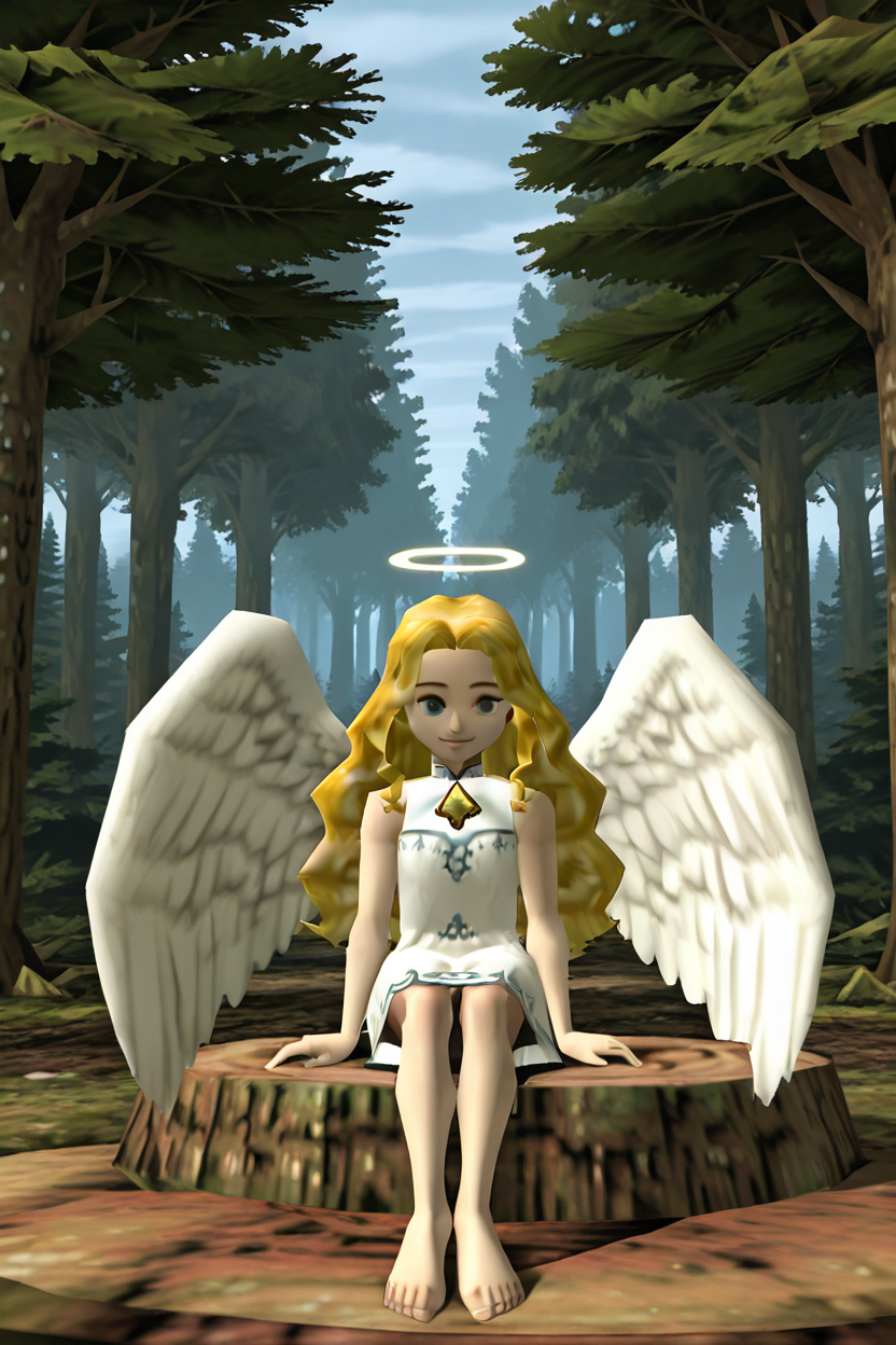 BREAK,  1girl, solo, blonde hair, wavy hair, angel, angel wings, halo, smile, sitting, forest, white dress, ,<lora:N64ZeldaStyleIXL:1.0>,