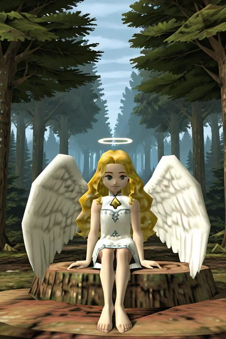 BREAK,  1girl, solo, blonde hair, wavy hair, angel, angel wings, halo, smile, sitting, forest, white dress, ,<lora:N64ZeldaStyleIXL:1.0>,