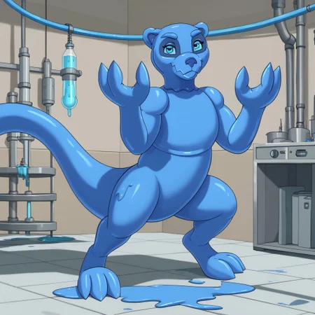xavia, female, blue slime, blue slime body, blue eyes, gooey, slimy, oozing, dripping, goo creature, otter, 3 fingers, 3 toes, no humans, closed mouth, full body, looking at viewer, standing, solo, laboratory, tail, long tail, looking at viewer, smile, anthro, furry, masterpiece, ultra detailed, high quality, score_9, score_8_up, score_7_up, score_6_up