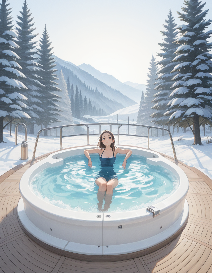 score_7_up, anime BREAK official art, solo, 1girl, one girl, 
BREAK <lora:Luxury_yacht-000008:0.9>, Luxury yacht, 
hottub, bathtub, 
snow, tree, 
(masterpiece:1.3), best quality, high resolution, unity 8k wallpaper, extremely detailed CG, 8K, (watercolor \(medium\), muted color, sketch:1.1), perfect anatomy, highly finished, masterpiece, best quality, high quality, amazing quality, great quality, very aesthetic, ultra detailed, highres, absurdres, highly detailed, highly detailed background,