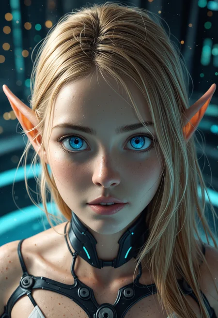 masterpiece, high_quality, highres, sharp_focus, detailed_eyes, 
woman, face_focus, sea_blue_eyes, blonde_hair, brown_hair, long_hair, magical, looking_at_viewer, elf, halftone_background, fantasy, cyberpunk,wide_angle