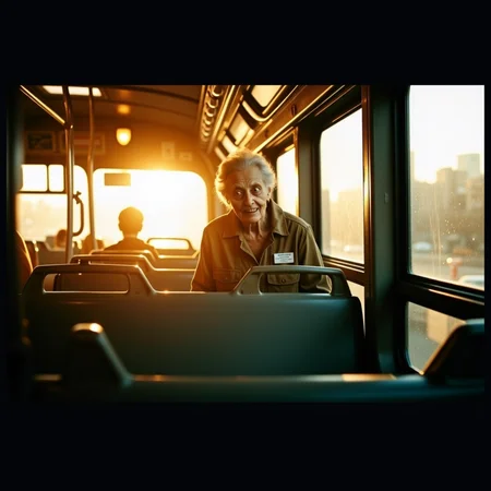 analog film photo Half-body portrait, city bus frozen mid-route, early golden hour: A middle-aged woman zombie stands behind the front bus window, her face lit softly by the sinking sun outside. She wears a faded name tag, a retail uniform, and has a grocery bag still hooked around one hand. Her face is sallow but symmetrical, lips parted just slightly to show worn, greying teeth. Her sclera eyes are milky white and catch the gold glow. Shot with a Pentax 67, 105mm, film: Kodak Ektar 100, sun backlighting the smudged window and using the bus aisle mirrors as reflectors. Dust floats in the air behind her. A child's toy sits abandoned on the next seat. It's intimate and tragicâan echo of routine life turned still.
<lora:undead denizens v2.2:1> . faded film, desaturated, 35mm photo, grainy, vignette, vintage, Kodachrome, Lomography, stained, highly detailed, found footage