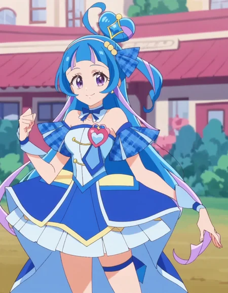 score_9, score_8_up, score_7_up, anime screencap, solo,1girl,curewink,blue hair, blue dress, magical girl, skirt,right thigh strap,smile, looking at viewer, medium breasts ,cowboy shot<lora:curewink_pony:0.8>