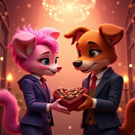 2ormorecharacters, anthro, furry, business party, a pink cat and a red dog exchange heart shaped boxes of chocolates, business attire