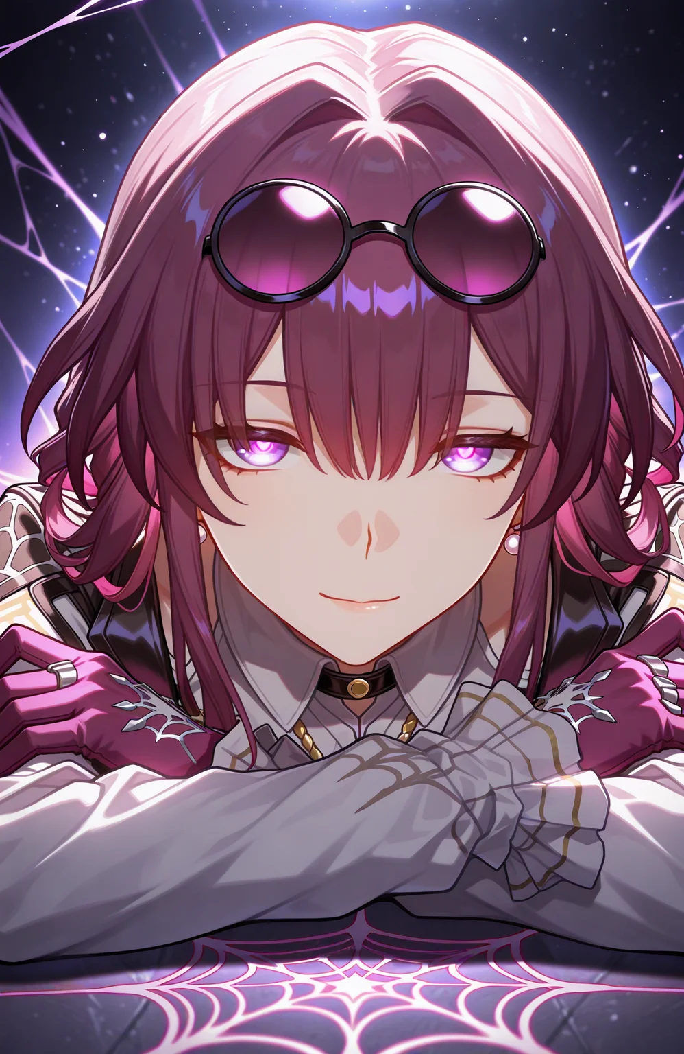 (1girl,solo),kafka_\(honkai:_star_rail\),crossed_arms,outstretched_crossed_arms,dynamic pose,cowboy_shot,black_background,glowing spider web,purple web,spider web,leaning_forward,looking_at_viewer,smile,purple eyes,pink_pupils,out_of_frame