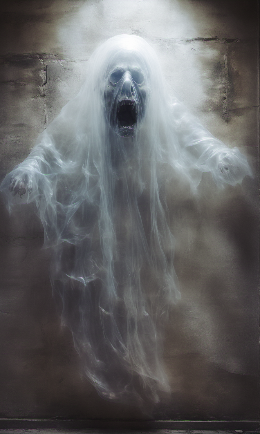 an angry transparent ghost at night coming out through the wall, extreme closeup <lora:Aether_Ghost_v1.1_LoRA:1>