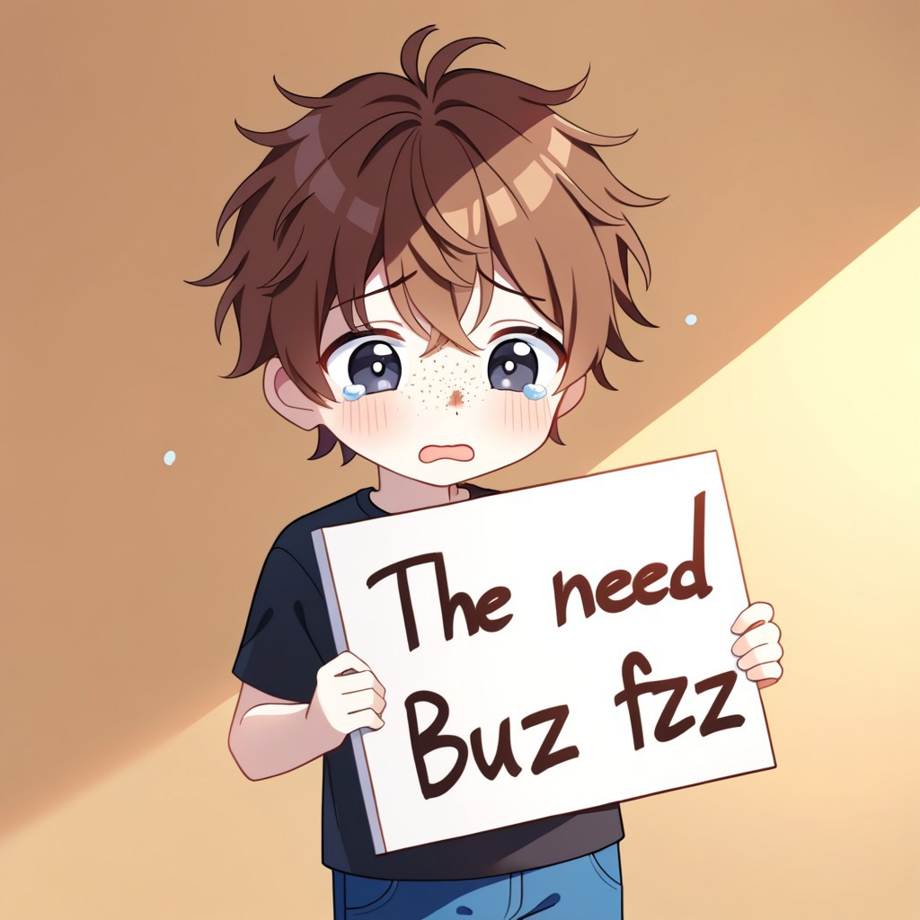 1boy, white skin, freckles, brown hair, messy hair, black t-shirt, blue pants, big eyes, cute, tears, black eyes, dilated pupils, English text, Holding a sign that reads the text: "I need Buzz", handwritten text,
