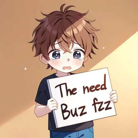 1boy, white skin, freckles, brown hair, messy hair, black t-shirt, blue pants, big eyes, cute, tears, black eyes, dilated pupils, English text, Holding a sign that reads the text: "I need Buzz", handwritten text,