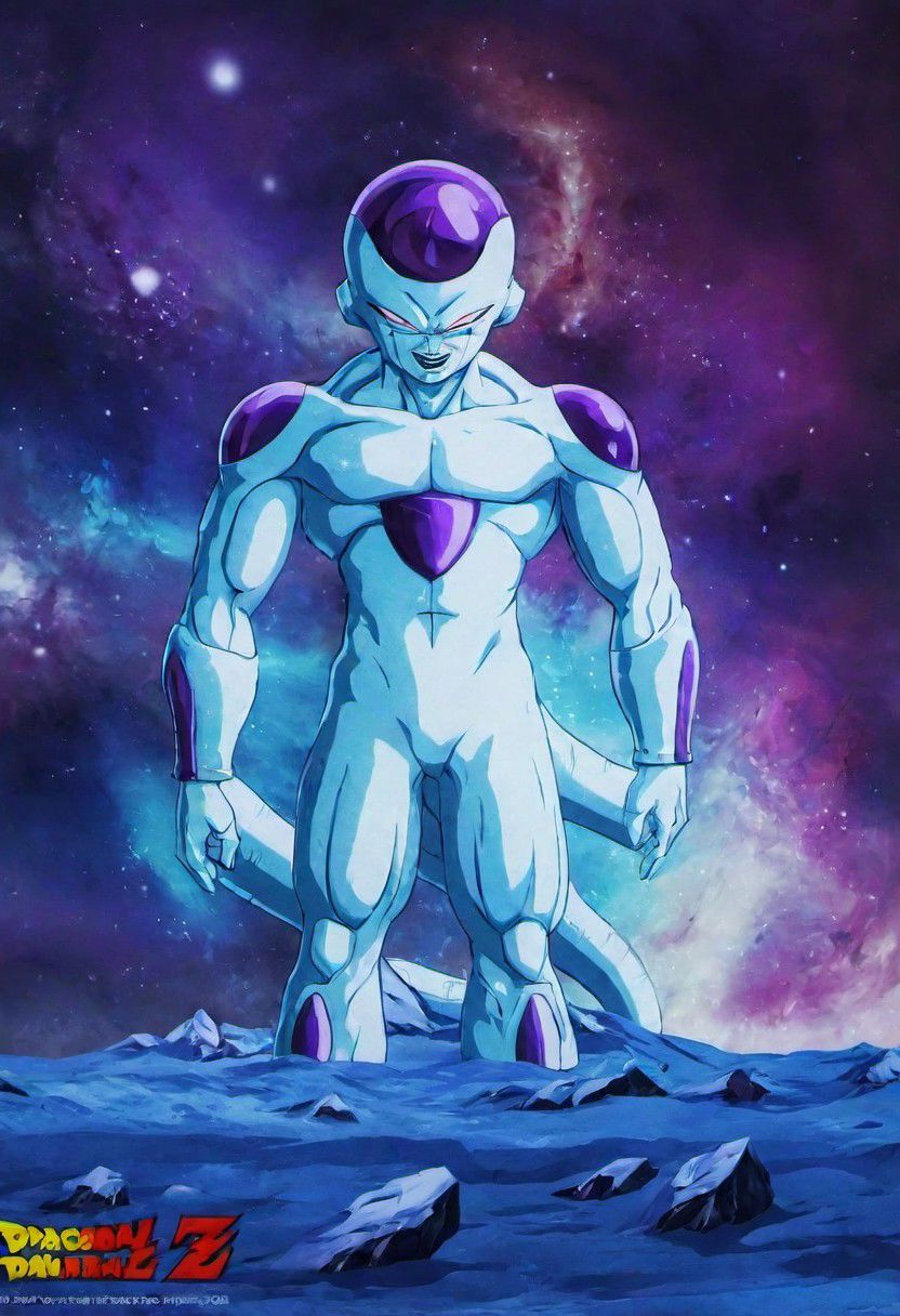 (best quality, masterpiece, detailed, highly detailed face) of a haunting scene with Freezer smile  in a battle Namek background . Emphasize atmosphere, high contrast, and interplay of shadow and light, colorful, detailed face perspective from below