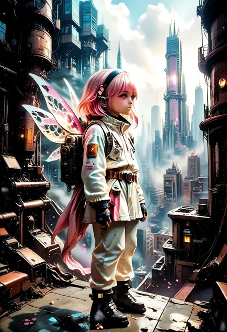 1girl, solo, white hair, hairband, wings, pink eyes, dress, energy wings, building, white dress, multicolored hair, bodysuit, pink hair, night, long hair, outdoors, petals, skyscraper, small breasts, gloves, city, mechanical wings, medium hair, gradient hair, sky, hair between eyes, closed mouth, cityscape, detached wings, fingerless gloves, black gloves,
score_9,score_8_up,score_7_up, futuristic, technological, alien worlds, space themes, advanced civilizations,
alien-worlds, colorful, eeriness, fantasy, futuristic, science-fiction, other-worldliness, pop-culture, posters, contemporary, metaphysics, atmospheric, digital, illustration,
pmg style, MyNewFantasy, Jed-dtl, s1_dram