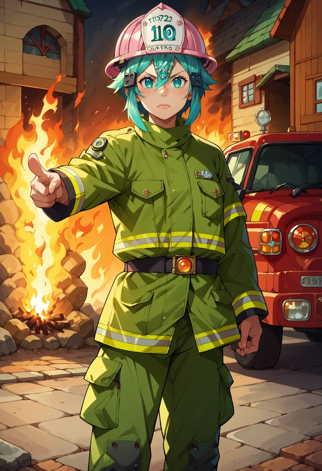score_9, score_8_up,score_7_up, source_anime, 1girl, <lora:EPsoaSinonPony-04:1.0>, EPsoaSinon, short hair, aqua hair, detailed jewel-like eyes, hair between eyes, hair ornament, hairclip, sidelocks, EPFireFighter, <lora:EPFireFighterPony:1.0>, wearing EPFireFighter, jacket, green jacket, pants, green pants, helmet, pink headwear, standing, ground vehicle, motor vehicle, fire truck, house, burning, burning house, pointing, outstretched arm,