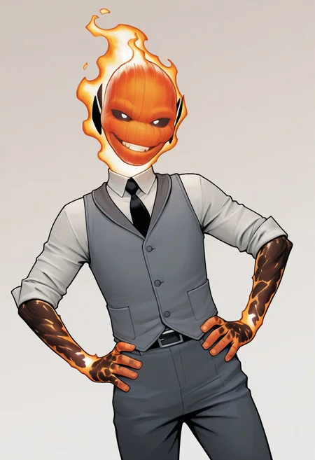 masterpiece, absurdres, high quality, perfect anatomy, 1boy, solo, cute boy, male focus, doyle, Orange Fire, Black Scelera, colored scelera, white shirt, grey vest, belt, sleeves rolled up, smug smile, hands on hips, cinematic, intricately detailed illustration, depth of field, masterpiece, best quality, amazing quality, very aesthetic, absurdres, newest, very awa, shadow, dynamic angle, casual cosplay, dynamic pose, simple background,