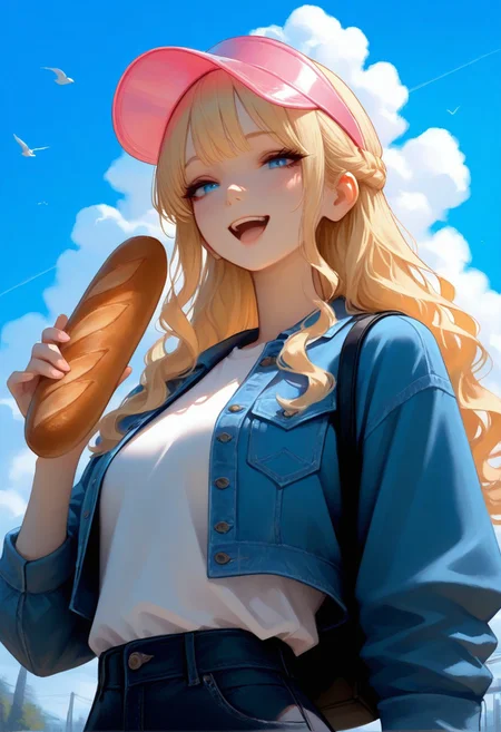 masterpiece, best quality, 1girl, solo, blonde hair, wavy hair, half updo, sidelocks, choppy bangs, blue eyes, smile, open mouth, looking at viewer, hand up, holding bread, baguette, visor cap, pink cap, transparent cap, t-shirt, white shirt, cropped jacket, denim jacket, black backpack, upper body, from below, dutch angle, blue sky, day, cloud, bird, stylized