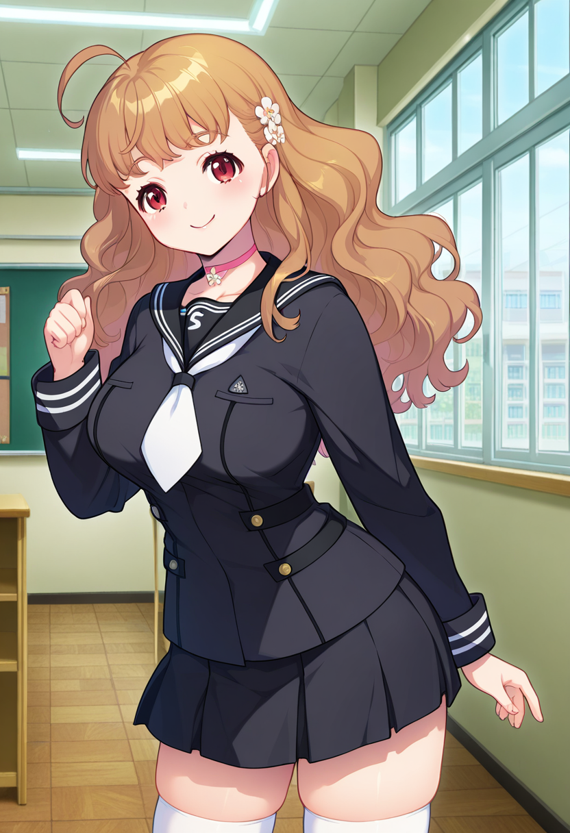 masterpiece, best quality, amazing quality, absurdres, 1girl, solo, cowboy shot, mokaww, red eyes, brown hair, long hair, wavy hair, ahoge, hair flower, large breasts, school uniform, black serafuku, black sailor collar, white neckerchief, pink choker, black shirt, long sleeves, black pleated skirt, zettai ryouiki, white thighhighs, looking at viewer, smile, indoors, day, skindentation, detailed clothing folds, depth of field, sharp, high contrast, dynamic light <lora:Momozono_Moka_Shinsou_Noise_ill:0.8>