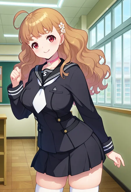 masterpiece, best quality, amazing quality, absurdres, 1girl, solo, cowboy shot, mokaww, red eyes, brown hair, long hair, wavy hair, ahoge, hair flower, large breasts, school uniform, black serafuku, black sailor collar, white neckerchief, pink choker, black shirt, long sleeves, black pleated skirt, zettai ryouiki, white thighhighs, looking at viewer, smile, indoors, day, skindentation, detailed clothing folds, depth of field, sharp, high contrast, dynamic light <lora:Momozono_Moka_Shinsou_Noise_ill:0.8>