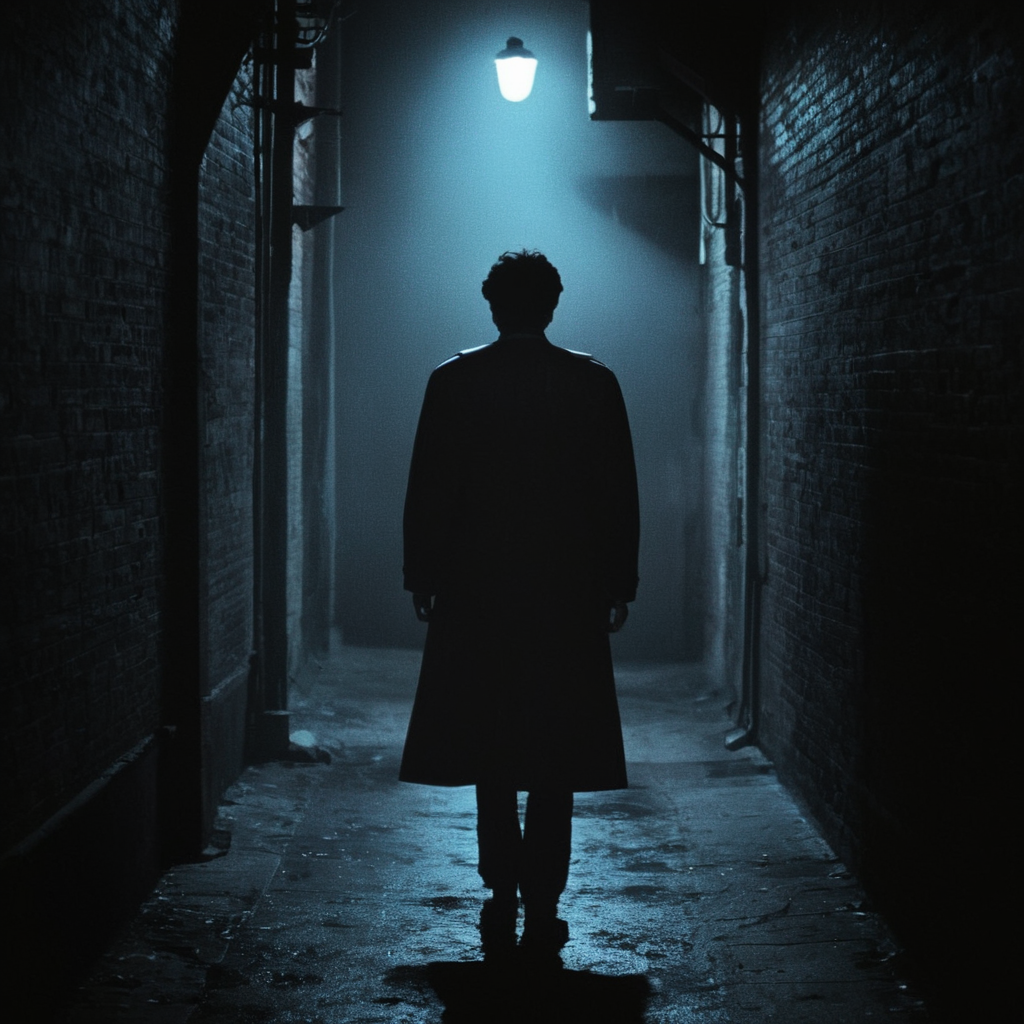Horror-themed,  <lora:Fright Night 1985 style v2:0.9>
In the 1980's a man from behind standing in a dark alley with a light on,solo,1boy,standing,monochrome,male focus,from behind,coat,shadow,building,scenery,silhouette,light,dark,lamppost , horror themed, dark themed, low key light, dramatic light, dramatic shadow light, contrast, cinematic color, cinematic look, filmic, realistic, realism, perfection, perfect, Kodak, Kodak film, movie still, Fright Night 1985 style, Fright Night Film style, Eerie, unsettling, dark, spooky, suspenseful, grim, highly detailed
