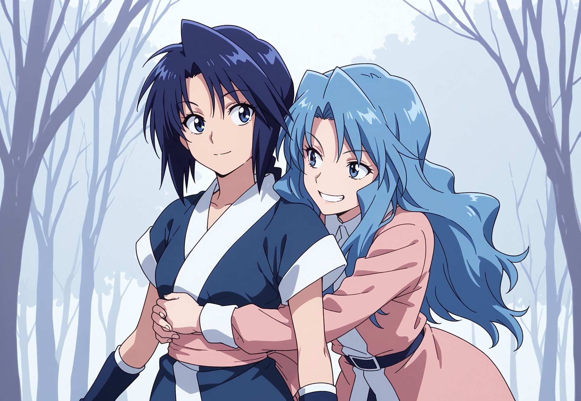 masterpiece, very aesthetic, absurdres, best quality, 2girls, (blue hair), blue eyes, zzKaren hug from behind makimachi_misao, cowboy shot, looking at girl, smile, grin, upper body, 