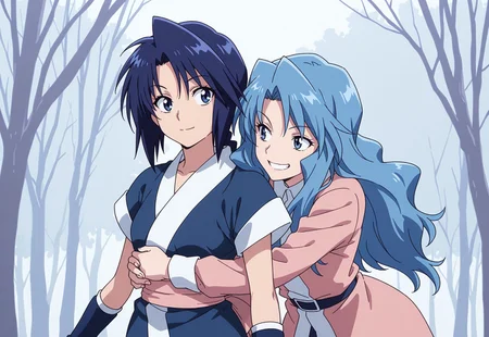 masterpiece, very aesthetic, absurdres, best quality, 2girls, (blue hair), blue eyes, zzKaren hug from behind makimachi_misao, cowboy shot, looking at girl, smile, grin, upper body,