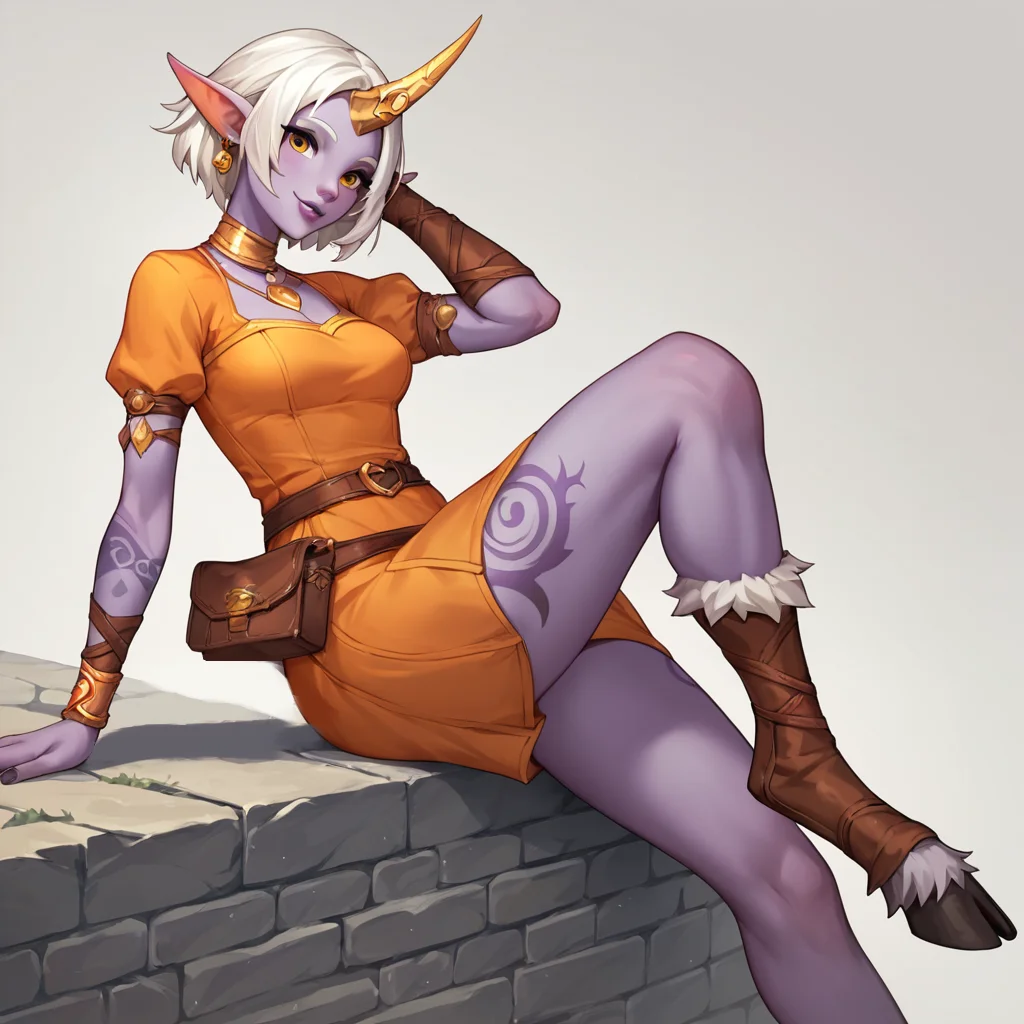 score_9, score_8_up, score_7_up, source_anime, soraka (wild rift), soraka <lora:SorakaXL:1> purple skin, purple tattoos, pointy ears, long white hair, yellow eyes, long yellow straight horn, hooves, goat hooves with white fur, cute, clothed, jewelry, orange dress, black nails, cute, looking at viewer