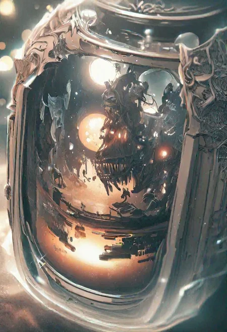 breathtaking vector cartoon illustration, shallow depth of field, bokeh, design of a beach contained in a bottle and a skeleton enjoying the view inside it in the afternoon, orange color tone award winning, highly detailed.