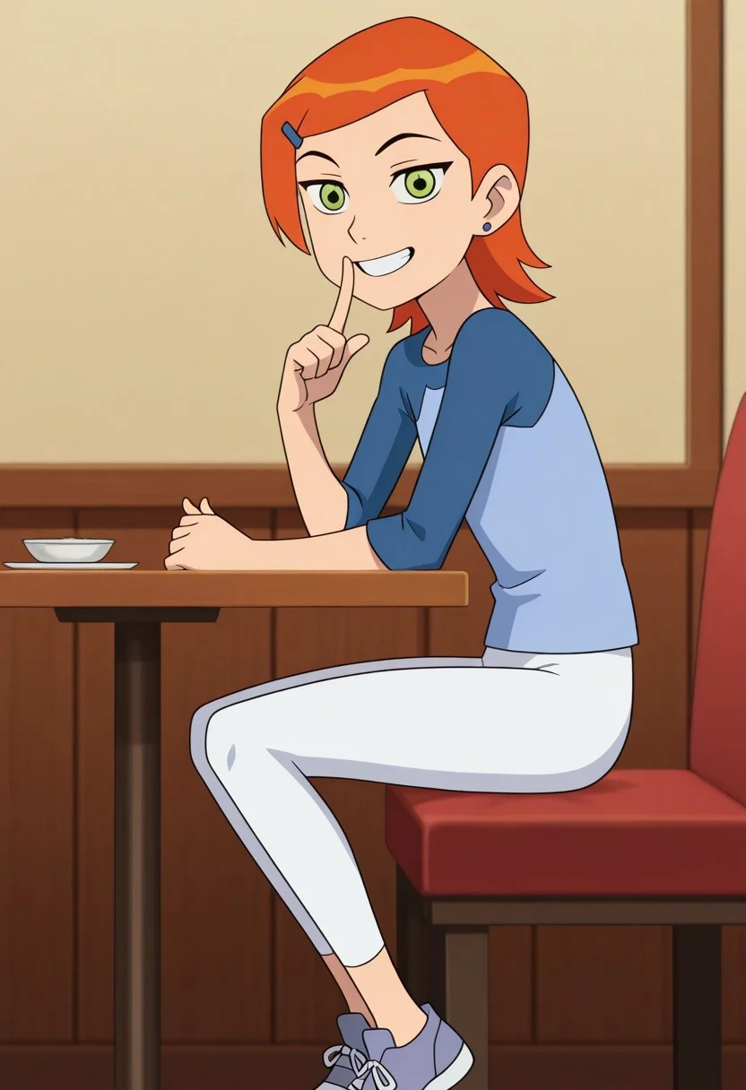 masterpiece, best quality, amazing quality,, solo,
1girl,Gwendolyn_Tennyson,Orange hair, Green eyes, blue and white outfit, shirt, white yoga pants, shoes, anime screencap, restaurant, sitting, elbow rest, looking at viewer, grin, from side,, <lora:shushing-illustriousxl-lora-nochekaiser:1>, shushing, finger to mouth, index finger raised,, ,