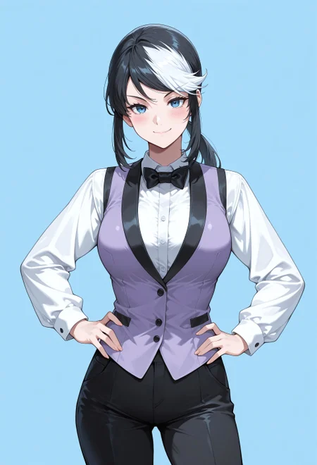 masterpiece, best quality, amazing quality, absurdres, 

d3a13rmask, 1girl, solo, multicolored hair, streaked hair, black hair, white hair, ponytail, low ponytail, swept bangs, sidelocks, blue eyes, medium breasts,vest, two-toned vest, purple vest, black vest, white shirt, collared shirt, long sleeves, bowtie, black bowtie, black pants, black footwear, low block heels,

smile, standing, hands on the hips, cowboy shot, looking at viewer, blush, simple background, blue background, closed mouth,