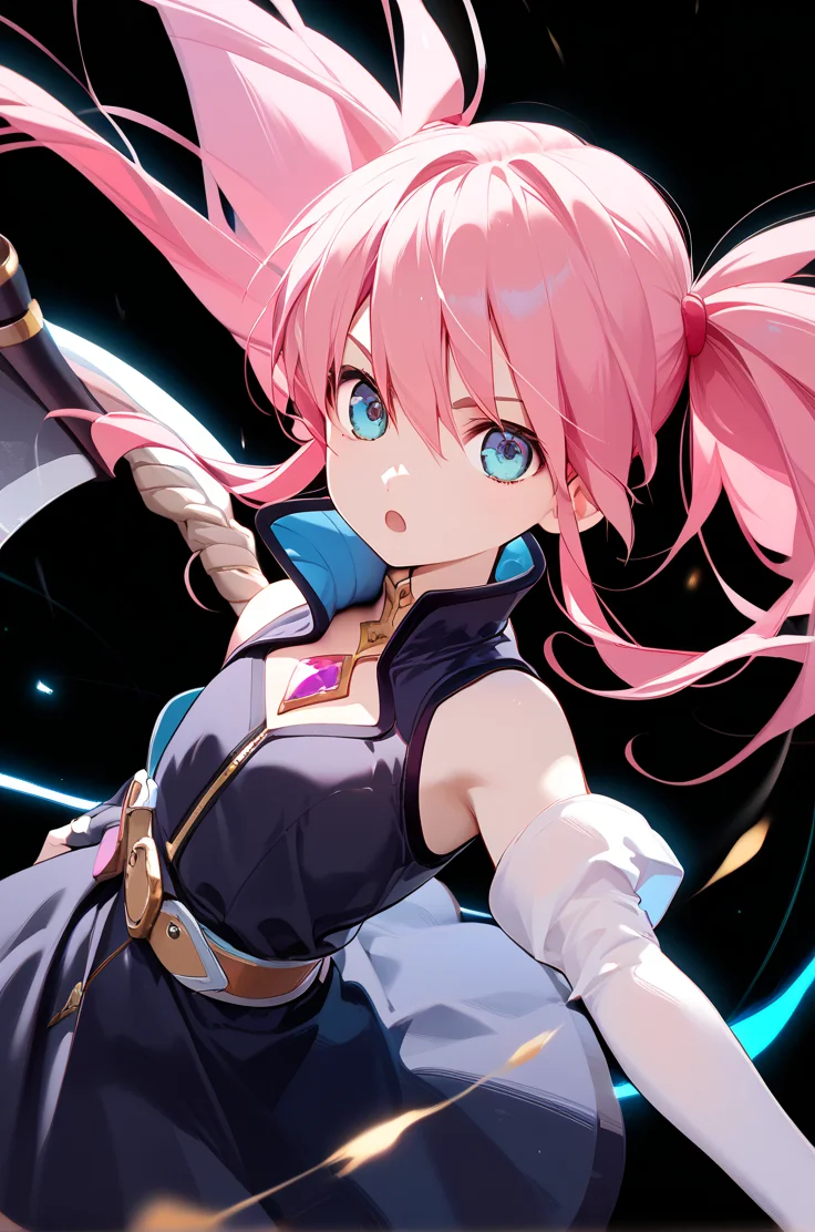 score_9, score_8_up, score_7_up, very aesthetic, source_anime, detailed,
simple background, dynamic angle, swinging effect,
cowboy shot, floating rocks,
open mouth, serious,
flat chest, petite female, 1girl,
<lora:presea_v01:1>preseaBase, pink hair, sidelocks, twintails, chest jewel,
black dress, sleeveless, belt, elbow gloves, fingerless gloves, high collar,
holding axe,, zPDXL