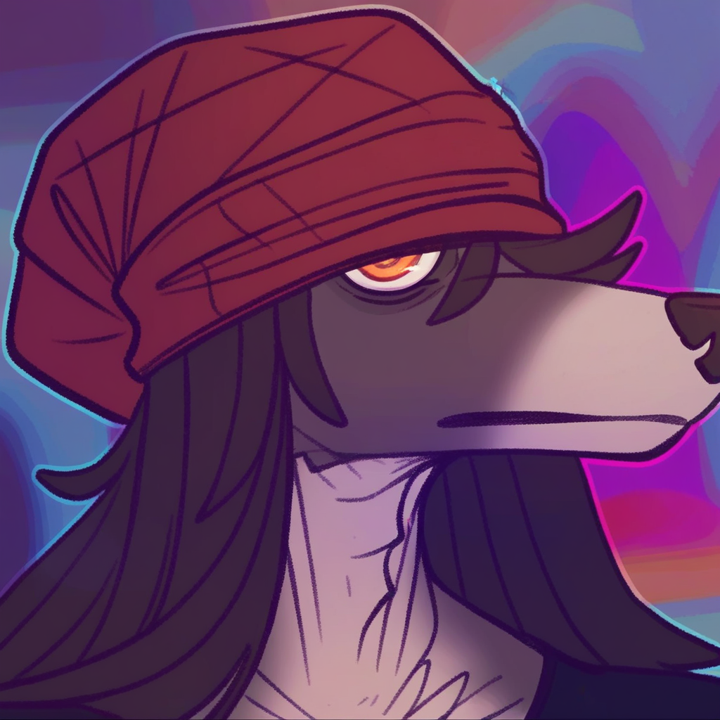 score_9, score_8_up, score_7_up, masterpiece, best quality, highly detailed, BossDWG, 1boy, solo, furry, anthro, canine, red beanie, orange eyes, black nose, black hair, long hair, black body, black fur, tan muzzle, expressionless, close-up, looking at viewer, closed mouth, black shirt