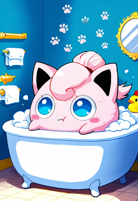 masterpiece, best quality, no humans,  zzJigs, fluffy bubbles, rubber duck, bathtub, towel wrapped like a bow, bathroom mirror, cute expression, blush, flower-shaped soap, paw prints on floor, foggy glass, squeaky clean, shimmer effects, playful atmosphere  zzJigs splashes happily in a bubbly tub, a towel tied into a bow around her head and a rubber duck riding the wave. The mirror fogs over as giggles and tiny bubbles fill the air.  <lora:JigglypuffPokedex_IXL:1.0>,    <lora:ZankuroStyle_NAI:0.5>,   <lora:HaradaTakehito_NAI:0.5>,