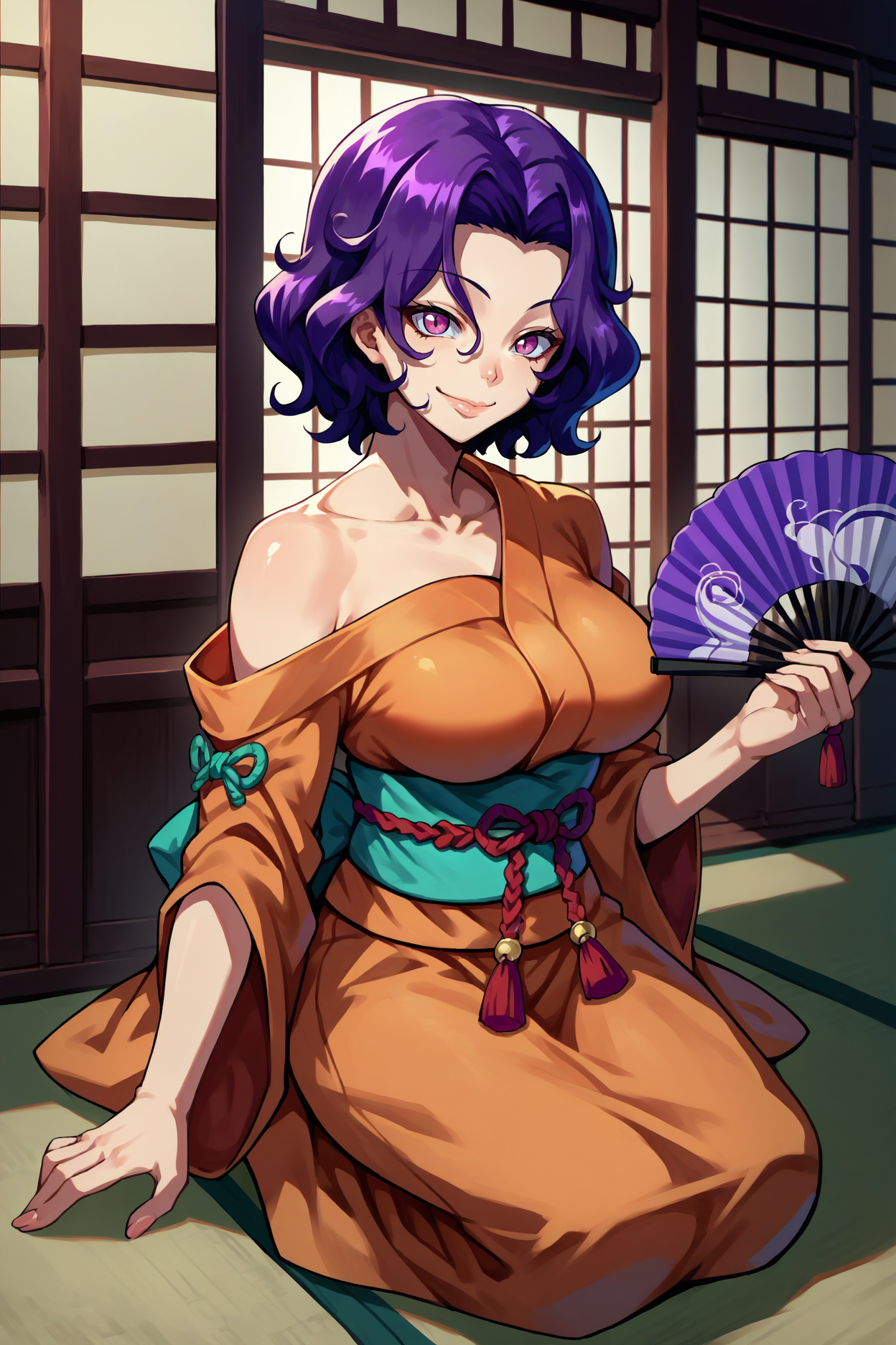 score_9, score_8_up, score_7_up, score_6_up, source_anime, 1girl, solo <lora:hamaokaazusa-pdxl-nvwls-v1-000005:1> gbaz, purple hair, short hair, wavy hair, purple eyes, large breasts, orange kimono, sash, holding hand fan, indoors, kneeling, japanese architecture, looking at you, smile, off-shoulder