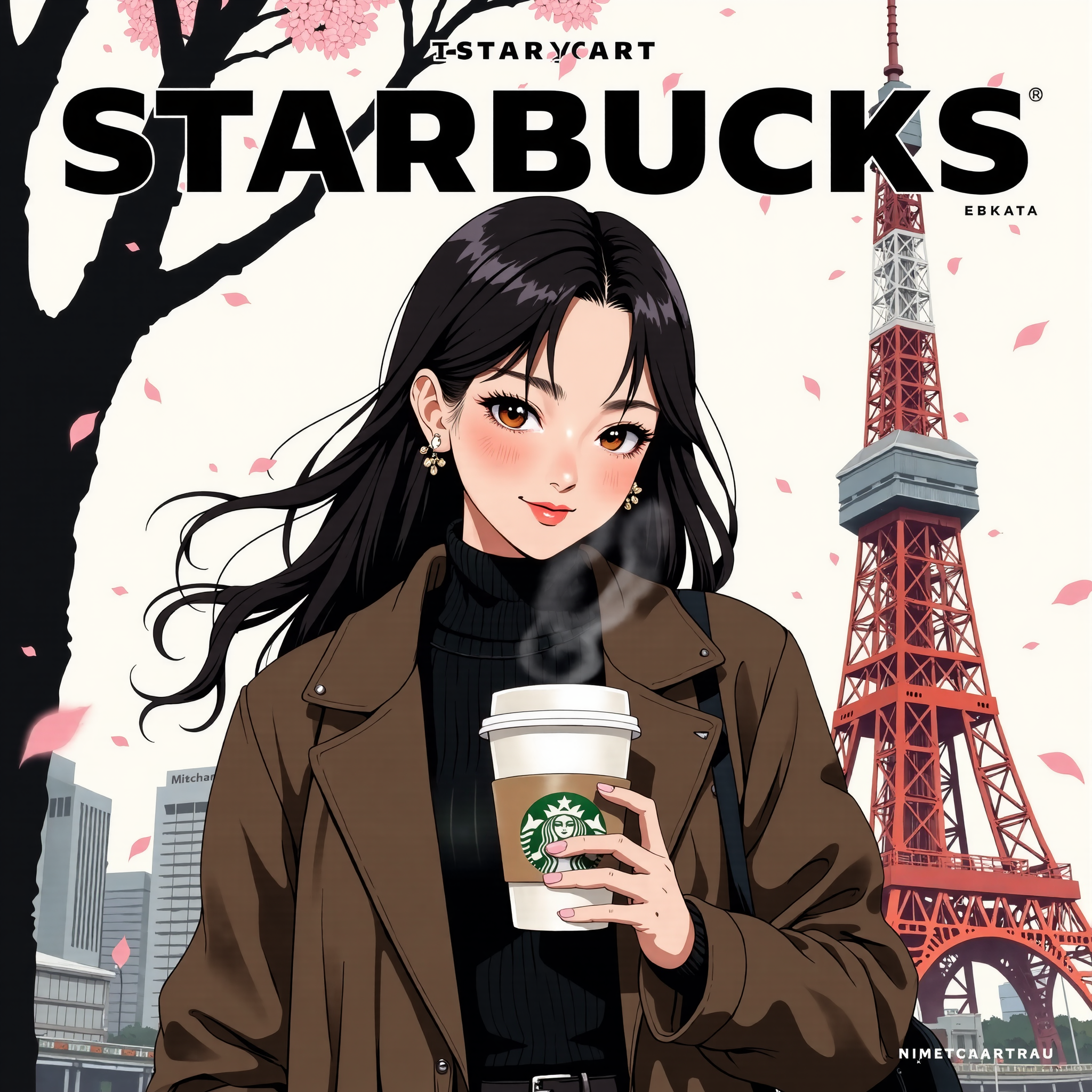 anime_martz, magazine_style, mythp0rt, magazine_cover, fashion cover for starbucks,  A stylish urban woman, dressed impeccably in winter fashion, stands under the iconic Tokyo Tower on a crisp winter day. She cradles a steaming cup of Starbucks coffee, the Starbucks logo prominently displayed on the cupâs sleeve. Her expression radiates happiness and warmth, her smile soft and carefree as she enjoys the moment. The backdrop of Tokyo Tower, dusted with winterâs chill, adds a touch of urban sophistication to the scene. The overall vibe is cozy yet fashionable, with the cold season juxtaposed against the warmth of her drink and the chic city setting. The Starbucks logo and brand name take center stage as the magazineâs title, integrating seamlessly with the fashionable design of the cover, emphasizing the connection between style, urban living, and the comforting indulgence of a hot coffee<lora:anime_martz:0.9> <lora:magazine_cover2_flux:0.6> <lora:FluxMythP0rtr4itStyle:0.4> <lora:Halftone_Flux:0.3>