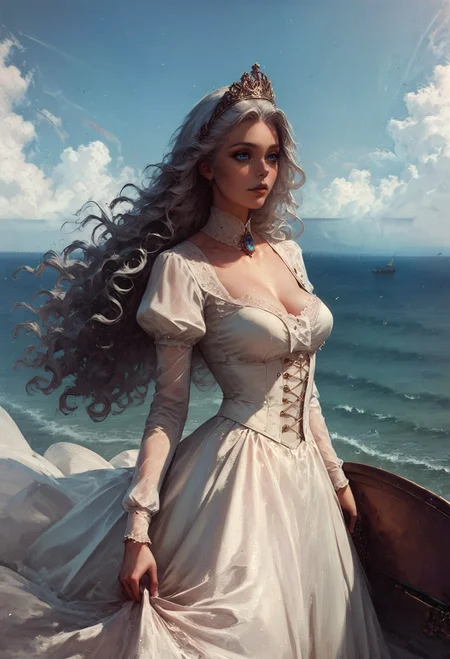 score_9, score_8_up, score_7_up,  1girl, silver hair, 35mm Vintage photo of queen standing on a sailship, victorian, long hair, curly hair, ornate white uniform, white fur, ocean, at sea, sailing, (golden tiara:1.2)  <lora:pony/twilight_style:0.8> concept art, realistic  <lora:pony/expressiveh:0.8> expressiveH <lora:sdxl/sinfully_stylish_sdxl> <lora:sdxl/Vintage_Street_Photo>