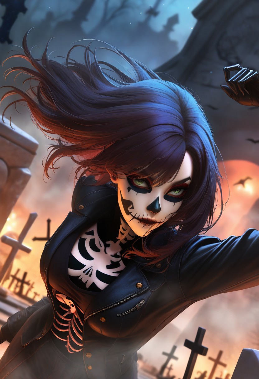masterpiece, best quality, 1girl, SKULLF4C3XL, focus on face, close-up, skull tattoo, (facial_tattoo), skeleton makeup, (skull facepaint), vivid colors, dynamic angles, dynamic poses, detailed background, highly detailed, outdoors, starry sky, graveyard, tombstones, grave, open grave, smoke, fog, spooky