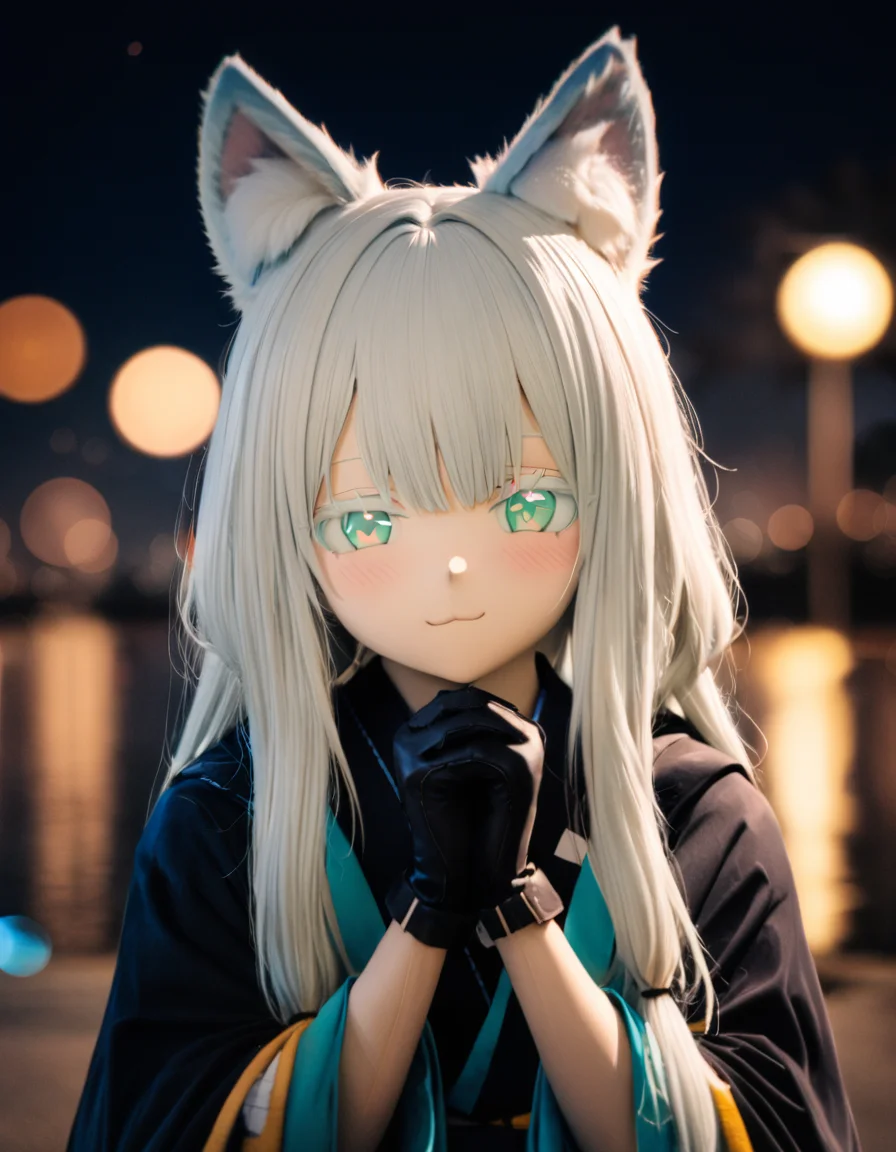 1girl,
rosmontis \(arknights\),
solo, green eyes, flat chest, animal ears, cat ears, white hair, kimono, evening, night sky, (blurry:1.1), (bokeh:1.1), film grain, animal ear fluff, colored eyelashes, depth of field, black gloves, gloves, blurry background, black kimono, japanese clothes, own hands together, blush, cat girl, :3, sky, portrait, hair between eyes, eyelashes, half-closed eyes, looking at viewer, long hair, light smile, outdoors, night, sidelocks, straight-on,
masterpiece, best quality, safe
<lora:kig_xl_v1-000021:0.8>