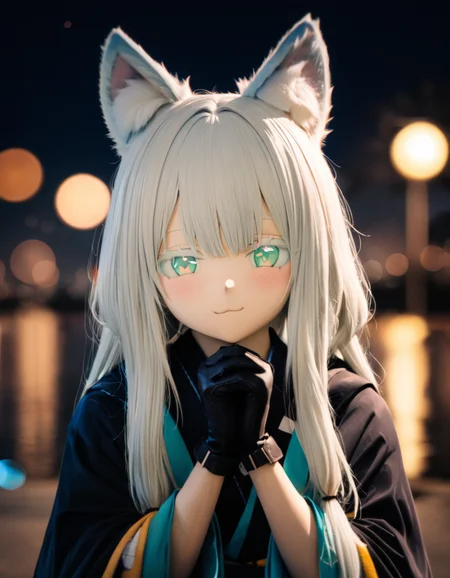 1girl,
rosmontis \(arknights\),
solo, green eyes, flat chest, animal ears, cat ears, white hair, kimono, evening, night sky, (blurry:1.1), (bokeh:1.1), film grain, animal ear fluff, colored eyelashes, depth of field, black gloves, gloves, blurry background, black kimono, japanese clothes, own hands together, blush, cat girl, :3, sky, portrait, hair between eyes, eyelashes, half-closed eyes, looking at viewer, long hair, light smile, outdoors, night, sidelocks, straight-on,
masterpiece, best quality, safe
<lora:kig_xl_v1-000021:0.8>