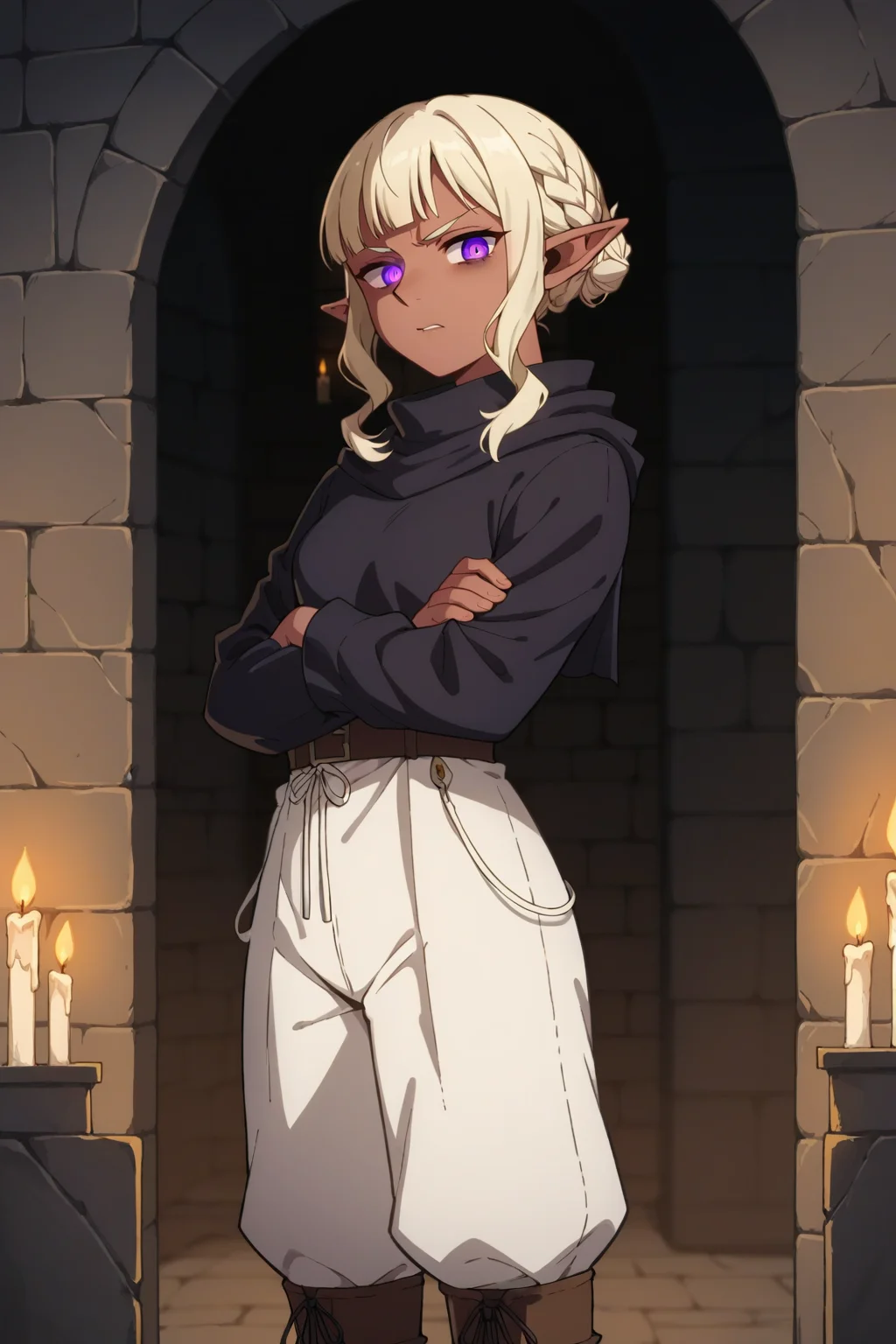 score_9, score_8_up, score_7_up, source_anime, 1girl, prefect lighting, very aesthetic, intricate details, highly detailed background, masterpiece, high quality, prefect hands, best quality, solo,
<lora:Thistle_Dungeon_Meshi_V1_r2-000007:.85>, pointy ears, light red skin, dark-skinned female, dark skin, purple eyes, cream hair, blunt bangs, sidelocks, braid, hair bun, glowing eyes,
black surcoat, black poncho, white harem pants, white pants, brown boots,
tired, standing, crossed arms, disgust, clinch teeth, looking at viewer,
dungeon, stone wall, dark, candles, dimly lit,
(Beautiful, small Breasts:1.2), natural breasts,