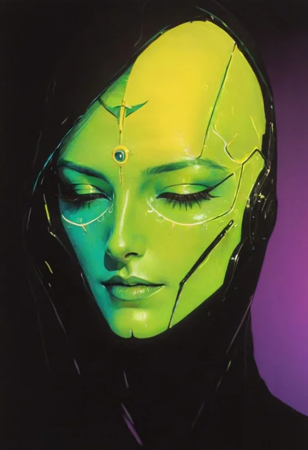 resembling intricately-detailed daft punk, an excentric laughing feudal wired-cyborg Rococo shinobi, vibrant neon colorful, 80s synthwave style, translucent DARK-yellow/purple/turqoise velvet high collar blouse, the face shrouded in darkness, a Large hooded Linen Cape with Highlights and Ornaments, volumetric lighting, ultra detailed, deep Blacks, very detailed, atmospheric haze, Film grain, cinematic film still, shallow depth of field, highly detailed, high budget, cinemascope, moody, epic