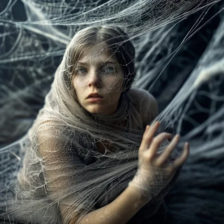spiderweb a girl full body wrapped in a spider's web, cinematic, photorealistic very detailed, professional photo <lora:spiderweb:1>