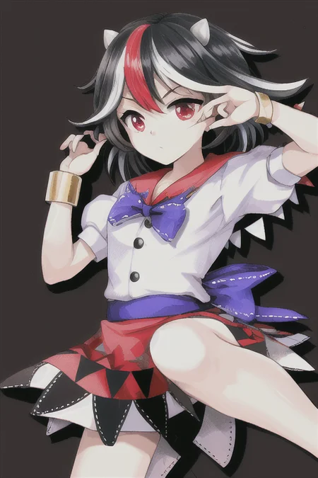 masterpiece, best quality, 1girl, solo, solo focus, (((kijin seija))), horns, red eyes, multicolored hair, (black hair), streaked hair, short hair, red hair, white hair, dress, bow, jewelry, bracelet, white dress, blue bow, puffy short sleeves, puffy sleeves, bowtie, blue bowtie, short sleeves, arrow \(symbol\), white shirt, blue sash, purple bowtie, purple bow, buttons, ribbon trim, multicolored clothes, sash, sailor collar, red sailor collar, petite, skinny, <lora:seijaKijin_seijaKijin:1>, <lora:pc98GalgameElfRetroSemi_v10:0.6>, retro artstyle,