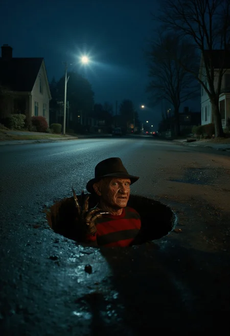 (Top realism), (Best quality), Hyper detailed photography, perfectly focused, maximum sharpness, captures the maximum realism of a sewer on a sinister road, with houses on the sides, (half the body of "Freddy Krueger" of Elm Street protrudes from the sewer), intricate details in his terrifying face and his glove of large knives, nightmare atmosphere on a perfectly lit night, cinematic style, UHD 8k.