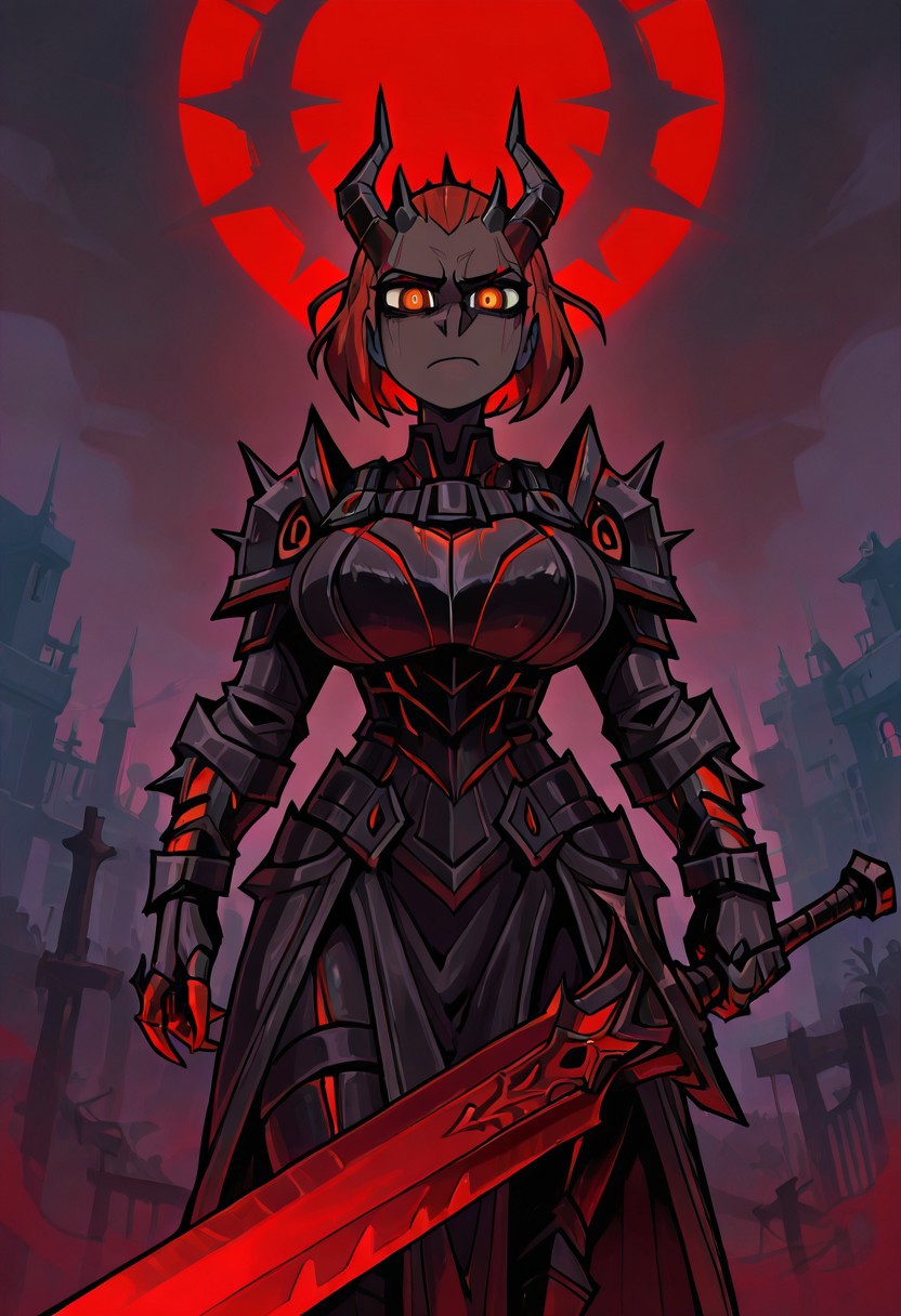 vanripper , (masterpiece, best quality, highly detailed) (Masterpiece:1.4), (best quality:1.2),1girl, Dremora, demon,colored skin, Black armor with bright red details, bright red lines, dark gray skin, armor, huge breasts, saggy breasts, holding a daedric greatsword with btoh hands