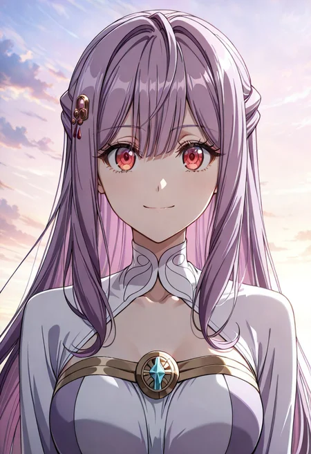 score_9, score_8_up, score_7_up, dynamic view, looking_at_viewer, 1girl,
masterpiece, best quality, bokeh, luminescent background,
( mia adenauer,,
purple hair, long hair, hair between eyes, bangs, hair ornameny, hair flower, red eyes, medium brests,
, dress, two-tone dress, purple dress, white dress, sidelocks, long sleeves, white shoes,, )
portrait, happy