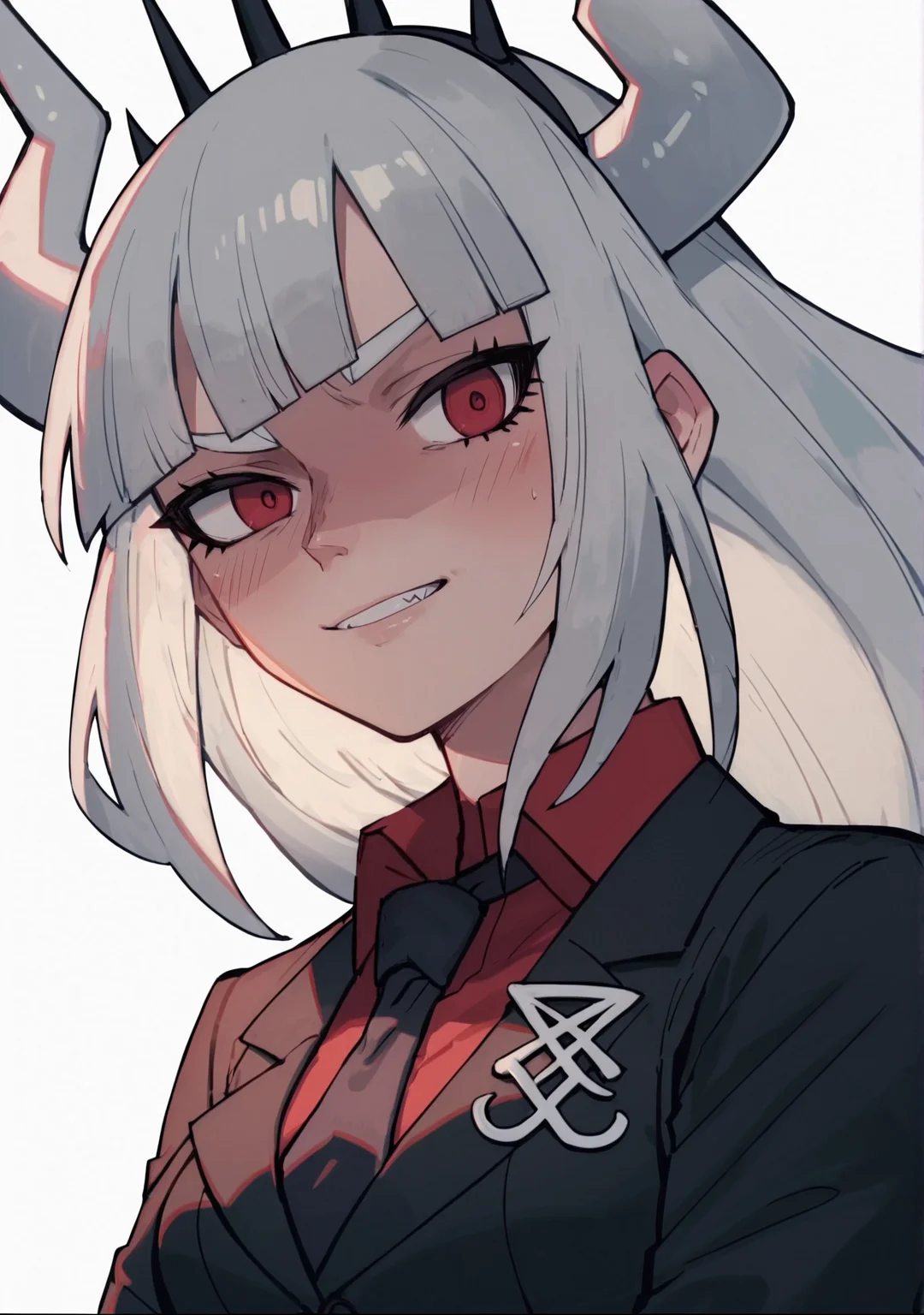 Score_9, Score_8_Up, Score_7_Up, Score_6_Up, Score_5_Up, Score_4_Up, anime screencap, upper body, 
<lora:Lucifer (Autism Mix (XL):0.8> 1girl, lucifer (helltaker), horns, white hair, long hair, blunt bangs, red eyes, red shirt, formal, necktie